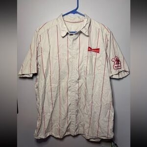 Budweiser Red Pinstriped Patch Short Sleeve Uniform Button Up Shirt Mens 2XL